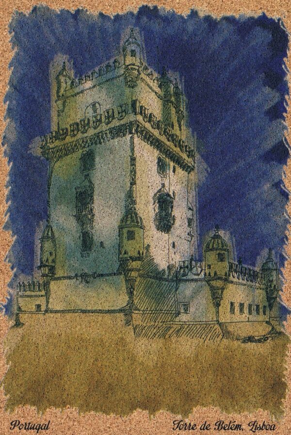 postal de cortiça torre de belém em pintura