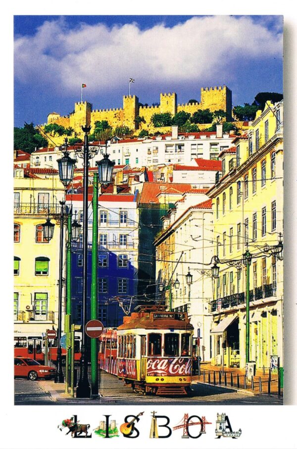Postal de Papel com Imagem Elétrico e Castelo de São Jorge ao fundo