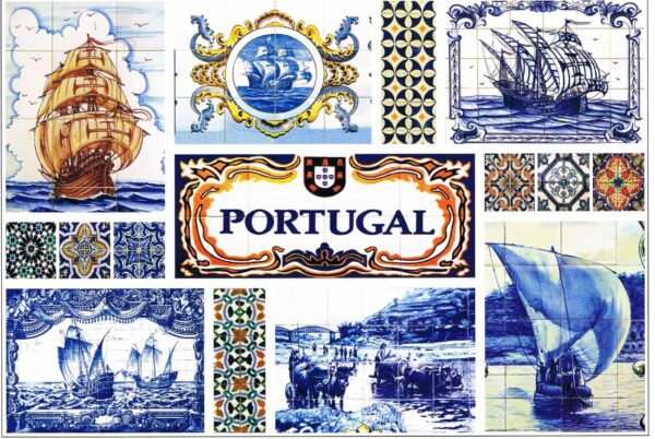 Postal de Papel com Imagens de Caravelas e Azulejos